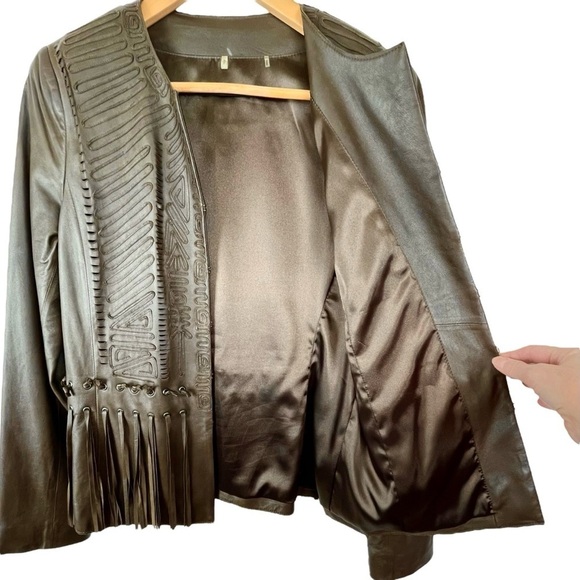 Elie Tahari Brown Genuine Leather Embellished w/ Tassels Blazer Jacket Sz. Small - Picture 7 of 15